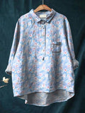 Women's Wildflowers Pattern Spring Pastel Print Casual Cotton And Linen Shirt