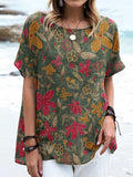 Women's Elegant Floral Round Neck Cotton and Linen Top