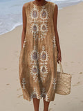 Women's Vintage Ethnic Pattern Art Print Sleeveless Cotton Pocket Wrap Dress