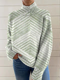 Women's Green Art Abstract Lines Print Knit Turtleneck Pullover Sweater