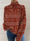 Women's Vintage Art Elephant Lines Print Knit Turtleneck Pullover Sweater