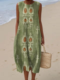 Women's Vintage Ethnic Pattern Art Print Sleeveless Cotton Pocket Wrap Dress