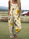 Women's Lovely Floral Bees Art Print Casual Wide Leg Jumpsuit