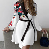 Womens Unique Long Sleeve Shirt Printed Adjustable  Wrap  Dress with Belt