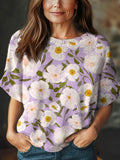 Women's Vintage Floral Art Print Casual Crew Neck Short Sleeve Knitted Sweater