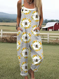 Women's Vintage Bee Flower Art Print Casual Wide Leg Jumpsuit