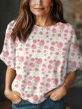Women's Vintage Flower Art Print Casual Crew Neck Short Sleeve Knitted Sweater