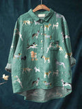 Vintage Lovely Dogs Art Print Casual Cotton And Linen Shirt
