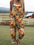 Women's Lovely Cow Floral Pattern Art Print Casual Wide Leg Jumpsuit