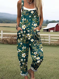 Women's Lovely Floral Art Print Casual Cotton Wide Leg Jumpsuit