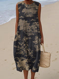 Women's Asian Art Print Sleeveless Linen Pocket Wrap Dress