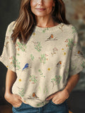 Women's Lovely Floral Birds Art Print Casual Crew Neck Short Sleeve Knitted Sweater