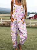 Women's Vintage Chicken Art Print Casual Wide Leg Jumpsuit