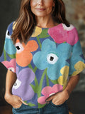 Women's Vintage Flower Art Print Casual Crew Neck Short Sleeve Knitted Sweater