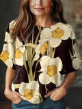 Women's Vintage Floral Art Print Casual Crew Neck Short Sleeve Knitted Sweater