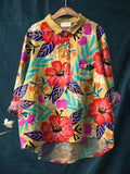 Women's Watercolor Flowers Floral Art Print Casual Cotton And Linen Shirt