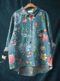 Vintage Lovely Floral Birds Art Print Casual Cotton And Linen Shirt