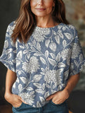 Women's Vintage Art Flower Print Casual Crew Neck Short Sleeve Knitted Sweater