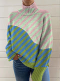 Women's Colourful Artistic Geometric Lines Print Knit Turtleneck Pullover Sweater