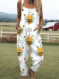 Women's Funny Flower Bee Art Print Casual Wide Leg Jumpsuit