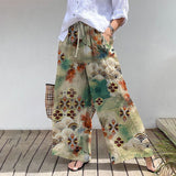 Retro Elegant Japanese Watercolor Art Print Cotton Linen Wide Leg Pants