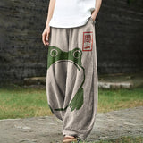 Casual Cute Frog Japanese Lino Art Painting Print Loose Pants