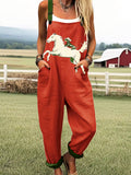 Women's Vintage Dachshund Riding A Horse Art Print Casual Wide Leg Jumpsuit