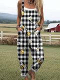 Women's Lovely Bees Plaid Pattern Art Print Casual Wide Leg Jumpsuit