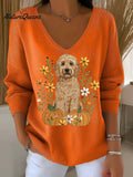 Women's Casual Trough Striped Autumn Pumpkin Floral Long Sleeve T-Shirt