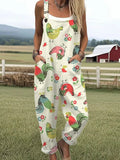 Women's Vintage Chick Art Print Casual Cotton Wide Leg Jumpsuit