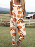 Women's Lovely Pumpkin Pattern Art Print Casual Cotton Wide Leg Jumpsuit