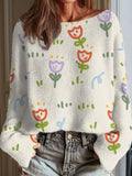Women's Vintage Flower Art Print Casual Pullover Sweater