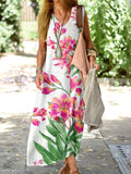 Women's Elegant Floral Pattern Cotton and Linen Loose Vest Cotton and Linen Dress