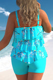 Plus Size Coconut Tree Print Cyan Tankini Set