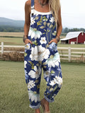 Women's Vintage Flower Art Print Casual Wide Leg Jumpsuit