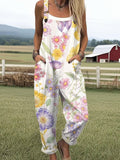 Women's Vintage Flower Art Print Casual Cotton Wide Leg Jumpsuit