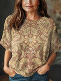 Women's Vintage Art Ethnic Flower Print Casual Crew Neck Short Sleeve Knitted Sweater