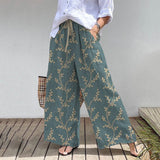 Elegant Vine Pattern Elastic Waist Pocket Cotton Linen Wide Leg Pants