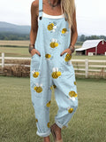 Women's Funny Farm Bee Art Print Casual Cotton Wide Leg Jumpsuit