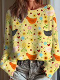 Women's Funny Chicken Art Print Casual Pullover Sweater