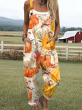 Women's Autumn Pumpkin Vintage Art Print Casual Cotton Wide Leg Jumpsuit