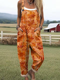 Women's Vintage Maple Pattern Art Print Casual Wide Leg Jumpsuit