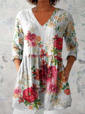 Women's Elegant Floral Pattern Round Neck Cotton and Linen Top