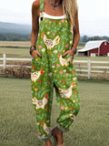 Women's Vintage Chicken Art Print Casual Wide Leg Jumpsuit