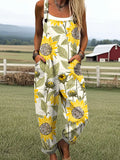 Women's Vintage Floral Art Print Casual Wide Leg Jumpsuit