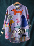 Women's Dog Art Print Casual Cotton And Linen Shirt