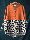 Women's Abstract Dot Pattern Art Print Casual Cotton And Linen Ruffle Shirt