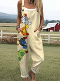 Women's Funny Chicken Art Print Casual Cotton Wide Leg Jumpsuit