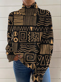 Women's Vintage Art Abstract Geometric Lines Print Knit Turtleneck Pullover Sweater