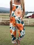 Women's Lovely Floral Art Print Casual Cotton Wide Leg Jumpsuit